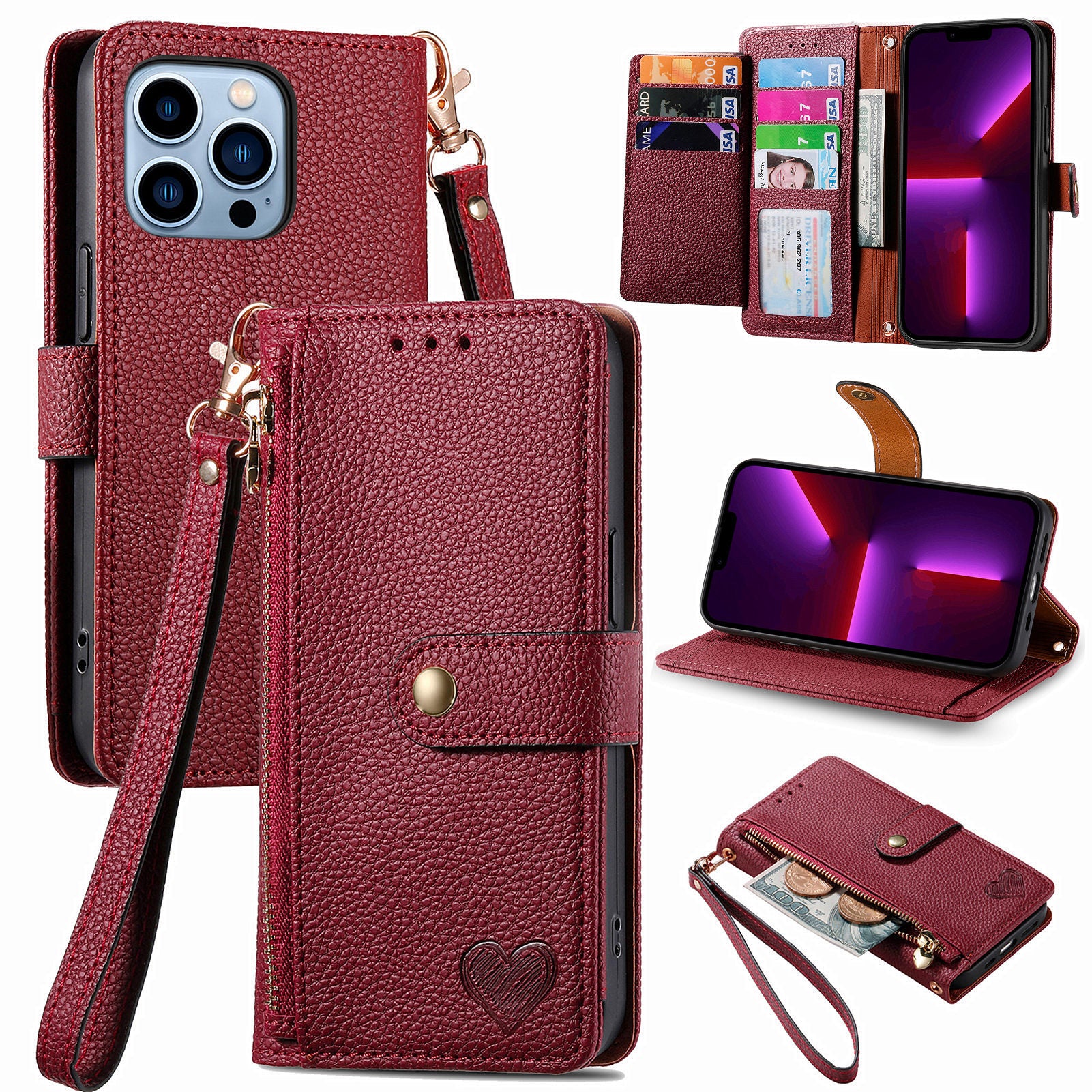 For iPhone 13 Pro Case RFID Blocking Zipper Leather Phone Cover with Wallet Card Slots For iPhone 13 Pro Case RFID Blocking Zipper Leather Phone Cover with Wallet Card Slots